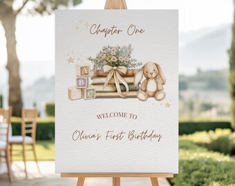 Storybook Erster Geburtstag Willkommen Schild Vorlage | Neutrale Hasenbuchparty (Digitaler Download)