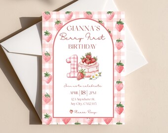 Berry First Birthday Invitation, Strawberry Gingham Canva Design (Digital Download)