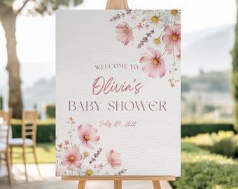 Rosa Wildblumen-Babyparty-Willkommensschild, Baby in Bloom Willkommensplakat, Aquarell-Blumen-Babypartydekor, bearbeitbare Canva-Vorlage