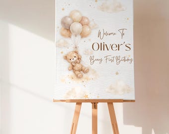 Teddy Bear First Birthday Welcome Sign, Neutral Baby Shower Poster (Editable Canva Template)