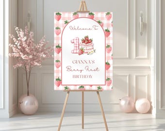 Berry First Birthday Welcome Sign Template | Strawberry party decor | Pink Gingham Watercolor Party Decor (Editable Canva Template)
