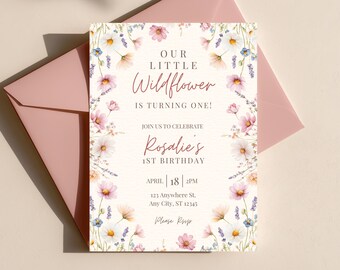 Wildflower 1st Birthday Invitation Template, Floral Girl Party Canva Editable, Printable 5x7 & Mobile