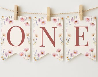 Wildflower Birthday Banner, Floral High Chair Decor, Girl First Birthday (Canva Template)