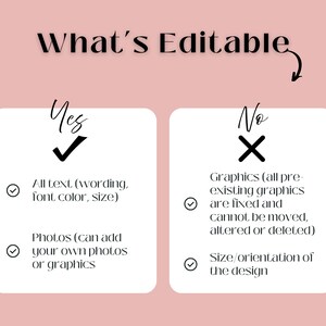May include: A pink background with the text "What's Editable" in black script. Two white boxes detail what is editable: text, font color, size, and photos. The other box lists what is not editable: graphics and design size.