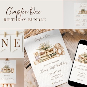 May include: A Chapter One Birthday Bundle featuring a banner with the word "ONE", invitations, and a "First Year" poster. The invitations and poster have a watercolor design with a bunny, books, and floral accents. The bundle is designed for a first birthday.