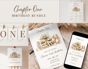 Chapter One First Birthday Bundle Editable Template, Neutral Baby Boy 1st Birthday Decor, Invite Welcome Sign Milestone Banner