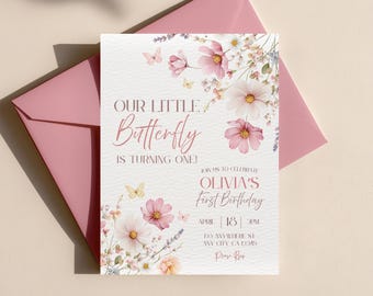 Butterfly First Birthday Invitation, Editable Canva Template, Pink Floral Girl Invite, Boho 1st Birthday