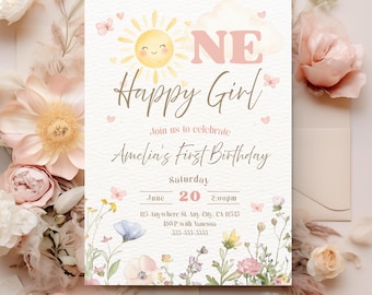 One Happy Girl 1st Birthday Invitation Template, First Trip Around the Sun Invite, Retro Sunshine First Birthday, Boho Girl Theme, Digital