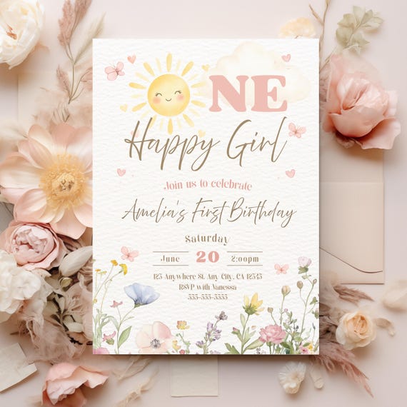 One Happy Girl 1st Birthday Invitation Template, First Trip Around the Sun Invite, Retro Sunshine First Birthday, Boho Girl Theme, Digital