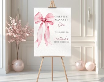 Pink Bow First Birthday Welcome Sign Template, Coquette Party Decor (Digital Download)