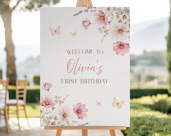 Butterfly First Birthday Welcome Sign | Pink Floral Party Sign Editable Template