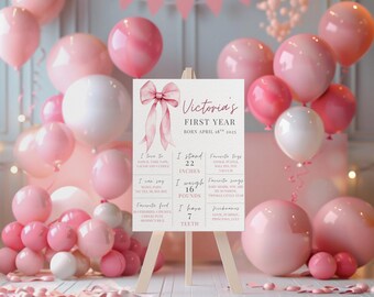 Pink Coquette First Birthday Milestone Board Template | Editable Canva Baby Sign (18x24, 24x36)