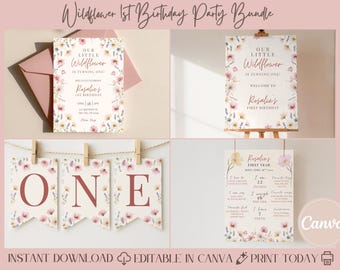 Wildflower First Birthday Party Bundle, Boho Floral Decorations, Editable Canva Template (Digital Download)