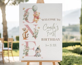 Winnie the Pooh Birthday Welcome Sign Template, Floral Storybook Birthday Party Decor, Our Little Hunny Is Turning One, Digital Download