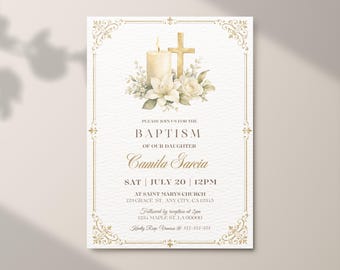 Baptism Invitation Template, Floral Baptism Invite, Christening Invitation, First Holy Baptism Invite, Canva Template, Digital Download