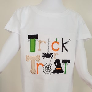 Child, Halloween, Trick or Treat, embroidery applique t-shirt, Frankenstein, spider, pumpkin