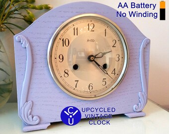 Mantel Clock -  an Upcycled Clock 1950s Bentima clock - converted to QUIET battery movement - no winding - accurate. Repainted Lavender
