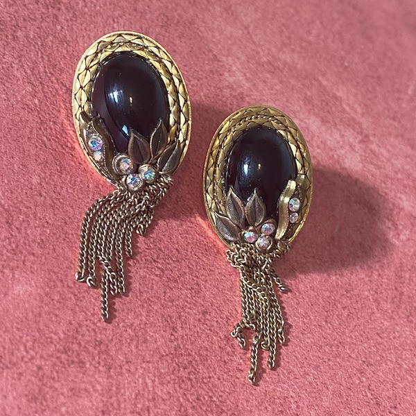 Vintage Marena - Made in Germany - Oval Earrings w/ Black Onyx and aurora borealis rhinestone accents