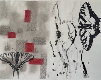 Abstract Mixed Media Butterfly Moth Watercolor Painting / Ink Drawing