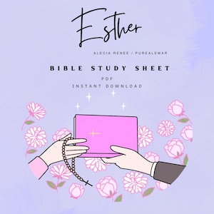 May include: A digital Bible study sheet titled "Esther" with a pink book and rosary illustration. The design includes floral elements and the text "Bible Study Sheet" and "Instant Download" on a lavender background.