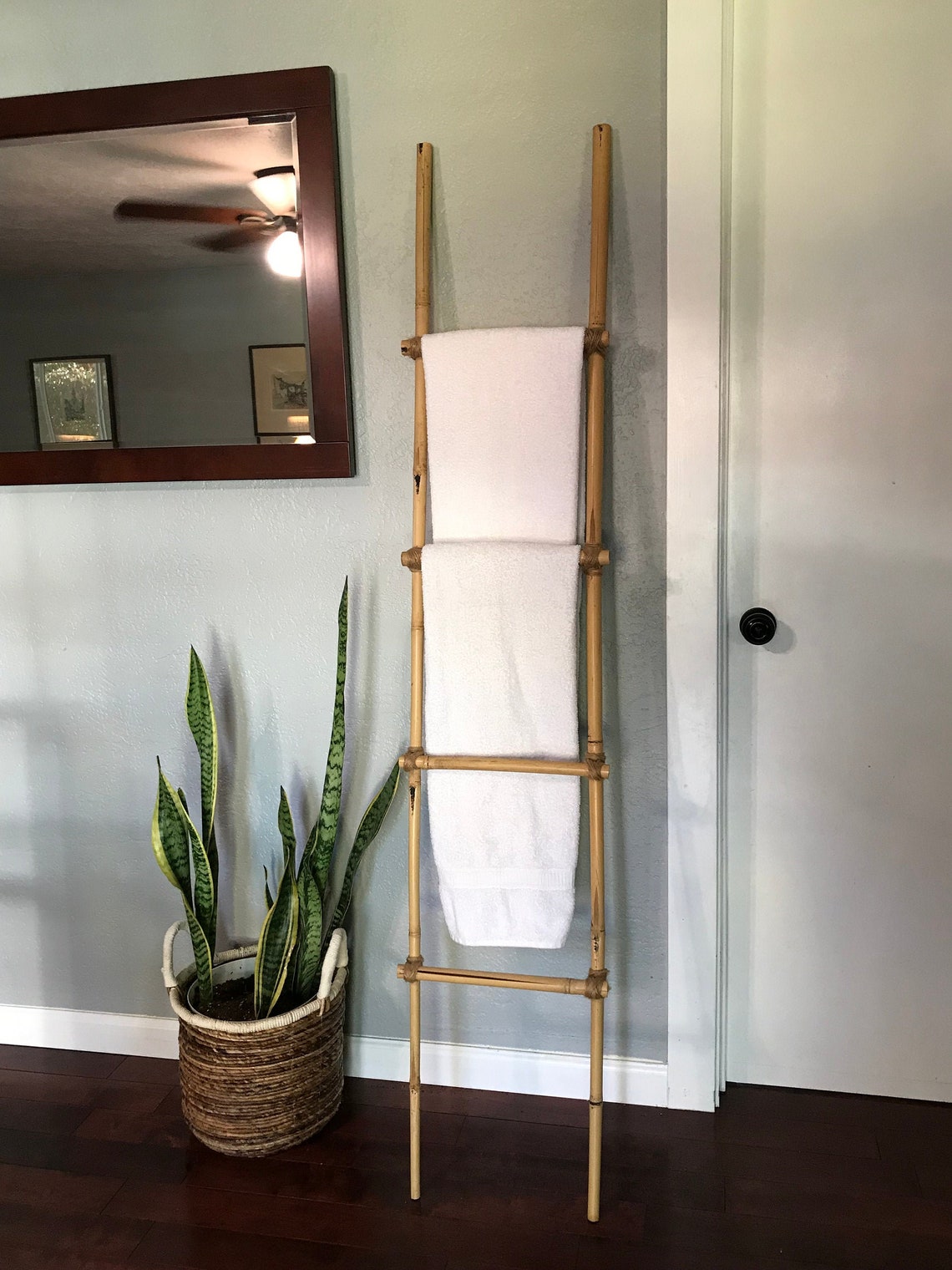 CustomMade Leaning Bamboo Towel Rack with Hemp Rope Ties Etsy