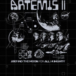 Peut inclure: Design graphique noir avec le texte "ARTEMIS II" et des illustrations d'astronautes, d'un vaisseau spatial et de la lune. Le logo de la NASA est visible. Le texte comprend "AROUND THE MOON FOR ALL HUMANITY" et des détails techniques.