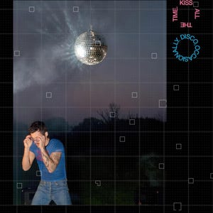 May include: A silver disco ball hangs in the air against a dusky sky. The image features a person wearing a blue shirt and jeans, with the text "Kiss All The Disco, Occasionally" in pink and blue.