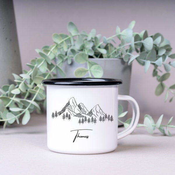 Tasse en émail| Tasse| Motif montagne| Personnalisable avec nom