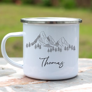 Personalized enamel mug with mountain motif – outdoor camping mug with name | camping gift for mountain lovers