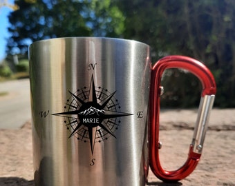 Personalisierbare Tasse aus Edelstahl| Geschenk| Karabiner Tasse für Bergsteiger| Reisen| Wandern| Campen