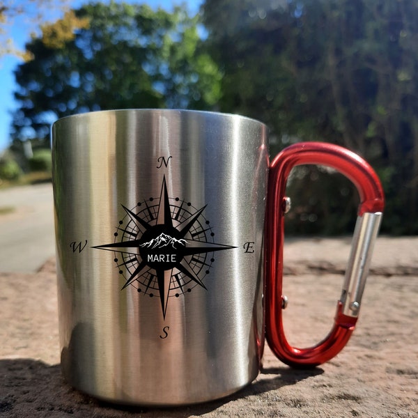 Personalisierbare Tasse aus Edelstahl| Geschenk| Karabiner Tasse für Bergsteiger| Reisen| Wandern| Campen