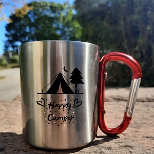 Personalizable stainless steel mug| Carabiner hook| for campers| with name