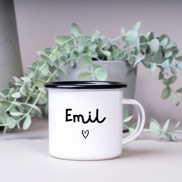 Emaille Tasse| Becher personalisiert mit deinem Wunschnamen und Herzchen| beidseitig