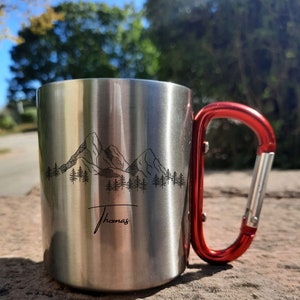 Tazza personalizzata in acciaio inox con motivo montagna Regalo| Escursionismo| Alpinismo| Moschettone| Tazza con nome