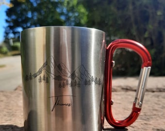 Mug personnalisé en acier inoxydable avec motif montagne Cadeau| Randonnée| Alpinisme| Mousqueton| Tasse de nom