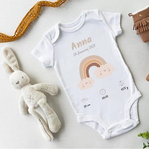 Personalized DIY Baby Bodysuit – Name, Weight, Height, Birth Date & Time – Rainbow Design in 100% Organic Cotton – Perfect Gift