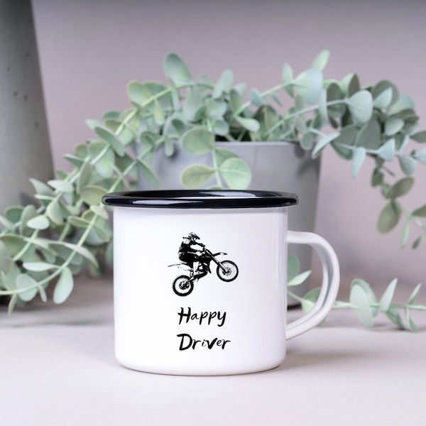 Emaille Tasse| Becher| Motorcross| Motorradfahrer| Camping