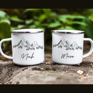 Personalized enamel mug with mountain motif – outdoor camping mug with name | camping gift for mountain lovers