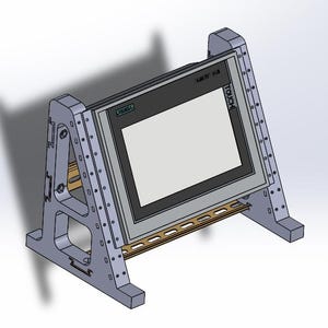 May include: A gray metal stand holding a rectangular touch screen display. The display has a black frame and a light gray screen. The stand has a triangular shape with multiple holes and a horizontal support bar.