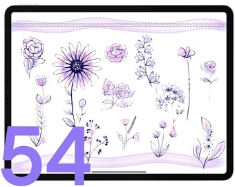 Procreate floral stamp brush set- 54 hand-drawn flowers, bouquets & botanical elements