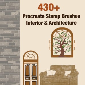 Könnte beinhalten: Eine digitale Grafik mit dem Text 430+ Procreate Stamp Brushes Interior & Architecture. Das Bild zeigt eine graue Steinwand, eine braune Bogentür, ein braunes Bogenfenster mit einer Baumillustration und ein braunes Sofa mit weißen Kissen.