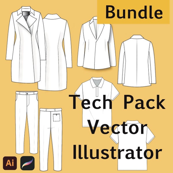 Tech pack ai fashion flat sketch for spec sheet bundle vector ai template menswear clothes mockup