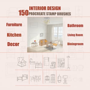 150 Interior Design Procreate Stempel Pinsel | Möbel Stempel | Raumplaner Pinsel | Architektur Elemente | Küche Badezimmer Dekor