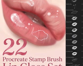 May include: A digital illustration of glossy pink lips with highlights, accompanied by a sidebar menu labeled Brush Variety displaying 22 Procreate stamp brush options. The text 22 Procreate Stamp Brush Lip Gloss Set is displayed in large font.
