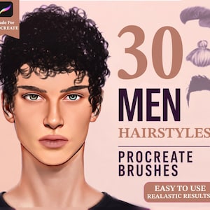 May include: Digital artwork showing a male face with dark curly hair. The image includes the text "30 MEN HAIRSTYLES PROCREATE BRUSHES" and examples of different hairstyles. The text "EASY TO USE REALISTIC RESULTS" is also present.