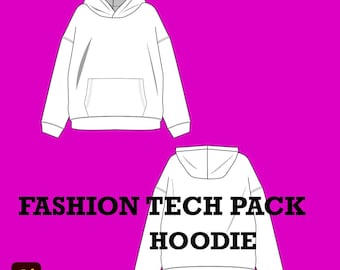 Hoodie Fashion Tech Pack Template: Vector AI Mockup (Digital Download)