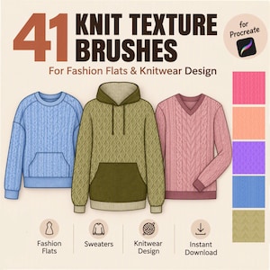 May include: A digital set of 41 knit texture brushes for Procreate, featuring illustrations of a light blue crewneck sweater, an olive green hoodie, and a pink V-neck sweater, with five color swatches and text labels for design.