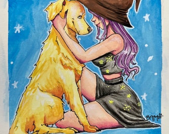 Golden retriever familiar and witch print 5x7