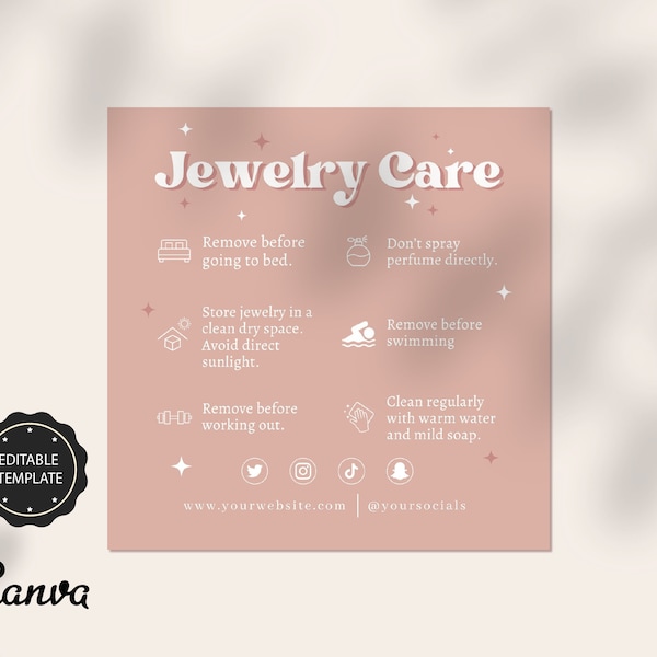 Retro Jewelry Care Card Template, Editable Instruction Card, Printable Jewelry Instruction Care, Canva Template, Small Businness Card