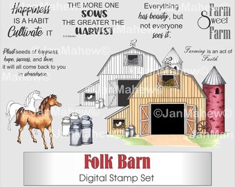 Set di timbri digitali Folk Barn - Download digitale istantaneo